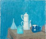 Jacques TRUPHEMUS (1922-2017). "Cafetière et pichet, fond bleu, circa 2005"....