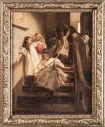 HUBER. "Groupe de jeunes filles descendant un escalier". Huile sur...