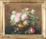 Marthe BARBAUD-KOCH (1862-vers 1936). "Vase en cuivre et roses". Huile...