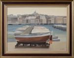 Pierre PALUE (1920-2005). " Bateaux à quai dans le port...