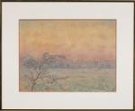 José MINGRET(1880-1969) "Étang au soleil couchant". Aquarelle et réhaut sur...