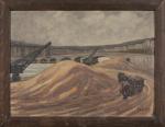 Adrien GODIEN (1873-1949) "Dragline, bord de fleuve, à Lyon". Huile...