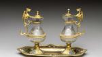 LAVABO et deux burettes en bronze emaillé et verre. Époque