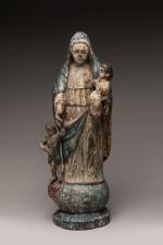 VIERGE à l'Enfant avec saint Jean-Baptiste. Sculpture polychrome en bois...