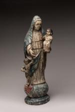 VIERGE à l'Enfant avec saint Jean-Baptiste. Sculpture polychrome en bois...