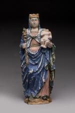 VIERGE à l'Enfant couronnée au Rosaire en albâtre sculpté polychrome,...