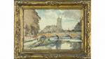 Eugène Villon (1879-1951) - Pont devant l'église - Aquarelle