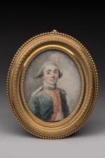 Ecole FRANCAISE du XVIIIIème siècle
Portrait d'un officier
Aquarelle et gouache, ovale
5,5...