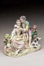 SAXE. GROUPE en porcelaine polychrome figurant une scène galante. Epoque...