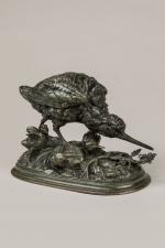 Edouard DELABRIERRE (1829-1910). Bécasses et bécassons. Bronze patine verte signé....