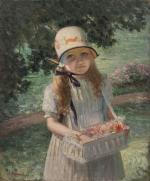 Henri-Charles ANGENIOL (1870-1959).
Fillette au panier de fleurs et chapeau cloche,...