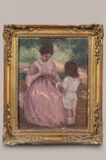 Henri-Charles ANGENIOL (1870-1959).
Femme et enfant rembobinant le fil dans le...