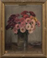 Henri-Charles ANGENIOL (1870-1959).
Vase de zinnias.
Huile sur panneau.
Signé en bas à...