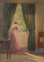 Henri-Charles ANGENIOL (1870-1959).
Marie-Joséphine Angéniol penchée à la fenêtre.
Huile sur toile.
Signé...