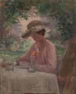 Henri-Charles ANGENIOL (1870-1959). 
Le goûter à Verlieu dans le jardin...