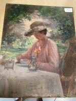 Henri-Charles ANGENIOL (1870-1959). 
Le goûter à Verlieu dans le jardin...