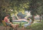 Henri-Charles ANGENIOL (1870-1959).
Femme et enfant au jardin. 
Huile sur panneau.
Signé...