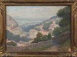 Henri-Charles ANGENIOL (1870-1959). 
Monastère dans la montagne. 
Pastel sur papier.
Signé...