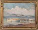 Henri-Charles ANGENIOL (1870-1959). 
Barques amarrées au ponton, Giens, Var, 1942.
Huile...