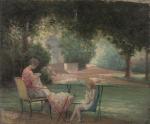 Henri-Charles ANGENIOL (1870-1959).
La couture dans le jardin.
Huile sur panneau.
Signé en...