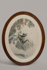 Trois gravures ovales d'époque Art déco :
« Jeune fille au...