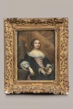 Attribué à Gonzales COQUES
(1614 - 1684)
Femme assise au chien
Panneau
22 x...