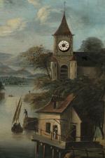 TABLEAU HORLOGE. Paysage lacustre animé avec clocher et moulin. Mécanisme...