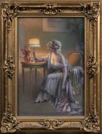 Delphin ENJOLRAS (1857-1945).
Femme regardant une photo sous la lampe.
Pastel sur...