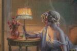 Delphin ENJOLRAS (1857-1945).
Femme regardant une photo sous la lampe.
Pastel sur...