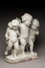 Guglielmo PUGI (c.1850-1915), Trois putti. Sujet en marbre de Carrare...