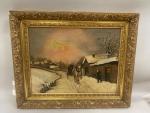 ECOLE moderne naïve, "Paysage de neige animé", Huile sur toile....