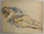 Pierre COMBET-DESCOMBES (1885-1966).
Femme nue debout les yeux fermés chemise ouverte,...