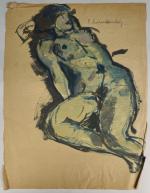 Pierre COMBET-DESCOMBES (1885-1966).
Femme nue au repos. 
Huile sur papier bistre.
Signé...