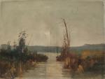 Emile GODCHAUX (1860-1938). 
Bord de fleuve aux roseaux. 
Huile sur...