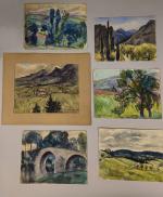 Henriette MOREL (1883-1956). 
En lot :
-Châtaigniers à Vaugneray. 
Aquarelle sur...