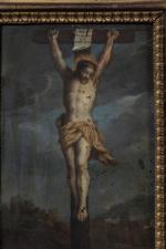 ECOLE FLAMANDE du XVIIème siècle. Crucifixion. Huile sur cuivre. 18,5...