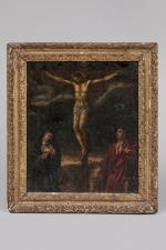 ECOLE FLAMANDE du XVIIème siècle. Crucifixion avec la Vierge et...