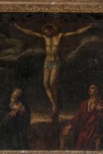 ECOLE FLAMANDE du XVIIème siècle. Crucifixion avec la Vierge et...