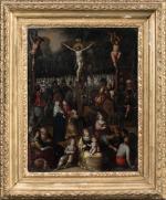 ECOLE FLAMANDE du XVIIème siècle. Crucifixion animée au Golgotha. Grande...