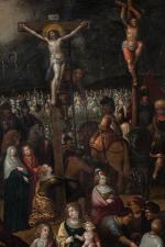 ECOLE FLAMANDE du XVIIème siècle. Crucifixion animée au Golgotha. Grande...