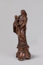 VIERGE à l'ENFANT en noyer sur console à cartouche et...