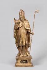 STATUE-RELIQUAIRE de saint Fortunat en bois doré sculpté en ronde-bosse....