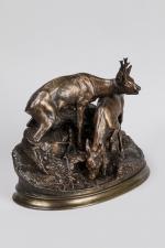 Pierre-Jules MENE (1810-1879). "Couple de chevreuils, 1859". Sujet en bronze...