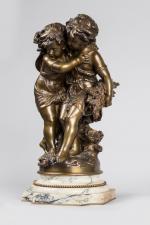 Auguste MOREAU (1834-1917). Les deux enfants. Groupe en bronze mordoré...