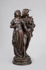 Eutrope BOURET (1833-1906). "La promenade galante". Bronze à patine médaille...