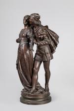 Eutrope BOURET (1833-1906). "La promenade galante". Bronze à patine médaille...