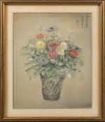 Ecole japonaise du XXème siècle.
Bouquet de fleurs.
Pastel sur soie.
Signé en...