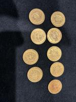 9 PIECES de 20 Lires or Italie.
Lot vendu en l'état,...