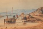 Vincent COURDOUAN (1810-1893).
Paysage maritime animé, 1837.
Aquarelle et gouache sur papier.
Signé...