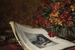 Ferdinand WAGNER (1819-1881).
Nature-morte au vase fleuri et gravure des Fables...